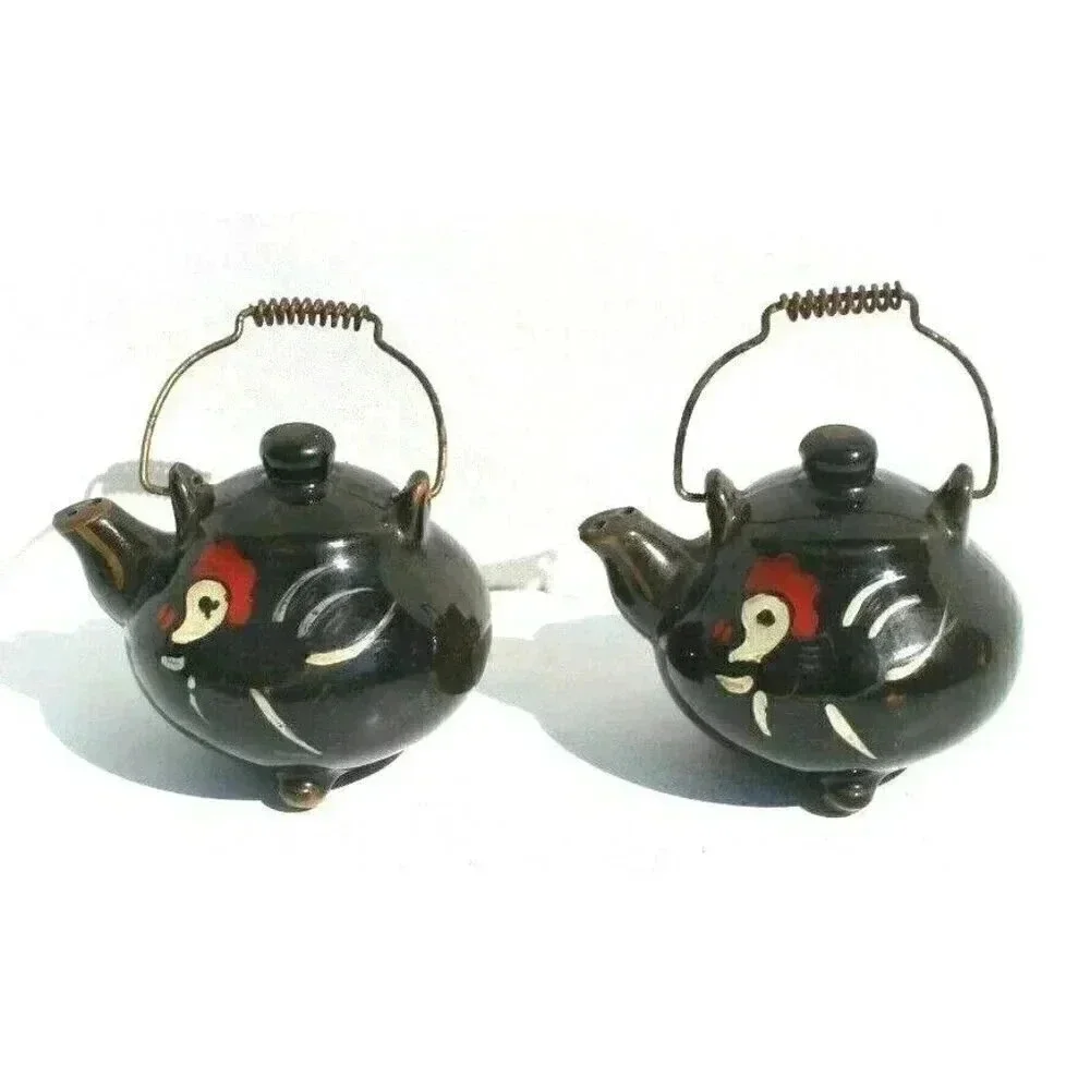 Vintage Redware Roosters Black Tea Pot Salt & Pepper Shakers Kettle Hand Painted